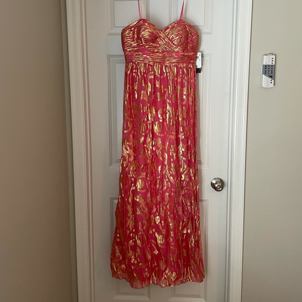 AQUA Strapless Coral & Gold Dress
